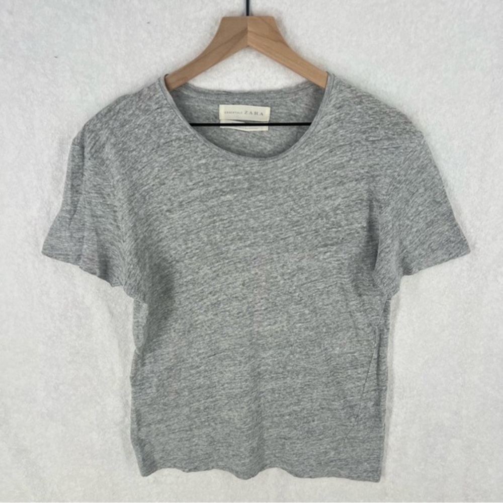 Zara Essentials Gray Linen Blend Relaxed Fit Short Sleeve Tee Casual Size S